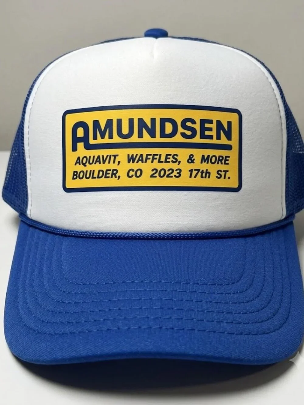 Retro Amundsen Boulder Colorado Trucker Hat Vintage Blue Foam Snapback Cap